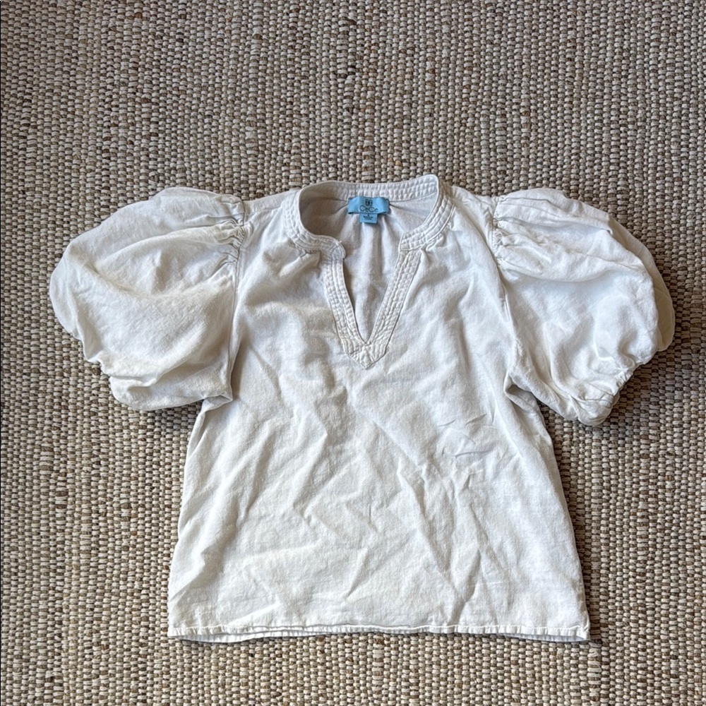 Puff Sleeve White Top with V-Notch Neckline